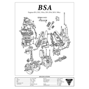 BSA B31, B32, 350cc, B33, B34, M33, 500cc Engine Spec Poster